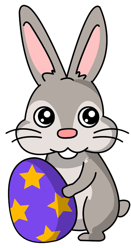 Grey bunny holding purple egg with orange stars on it.